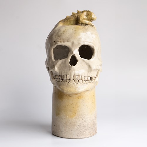 Vintage Ceramic Skull Sculpture With Iguana, Central American, Mid 20Th Century