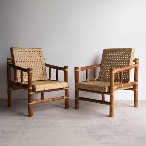 Pair Of Vintage Bamboo And Rattan Easy Chairs, Mid Century Armchairs, C. 1970S