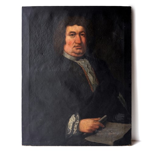 Naive School Portrait Of A Man With A Map, Original Antique Oil Painting