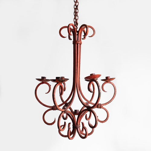 Vintage Dusky Coral Painted Wrought Iron Candle Chandelier, Blacksmith Made