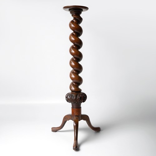 Antique Carved Mahogany Barley Twist Column Torchere, 19Th Century Plant Stand