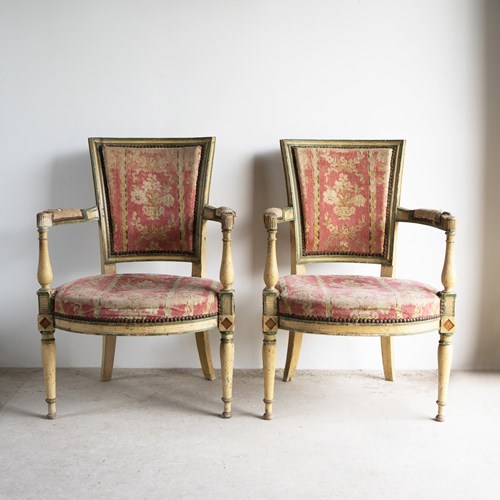 Pair Of Antique French Directoire Period Painted Armchairs, Late 18Th Century