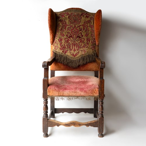 Antique Baroque Oak And Upholstered Wing Armchair, Late 17Th/Early 18Th Century