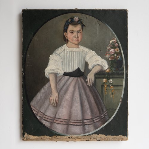Antique French Portrait Of A Girl In A Dusky Pink Skirt, Original Oil Painting