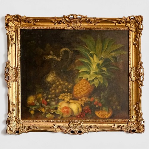 Large Antique Still Life Depicting Fruit Oil On Canvas Painting, 19Th Century