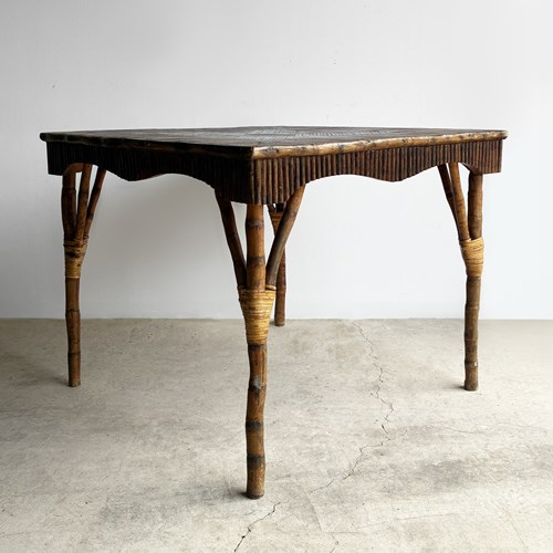 Vintage Square Bamboo Dining Or Games Table, Mid 20Th Century