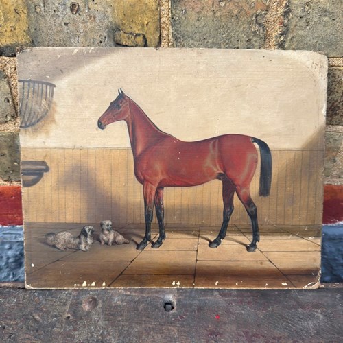 Late 1800S Oil Painting Bay Horse In A Stable