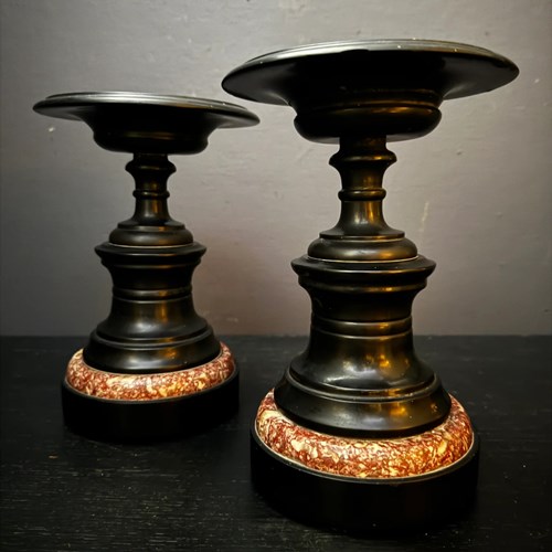 Mid 1800S Pair Of French Turned Black Marble Candle Sticks