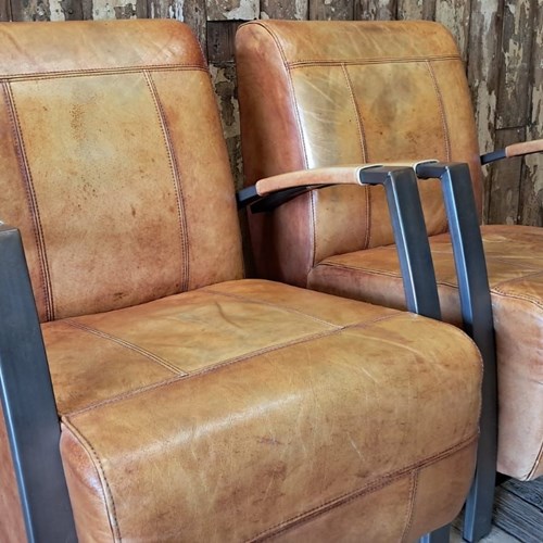 Pair Of Blonde Leather Industrial Armchairs
