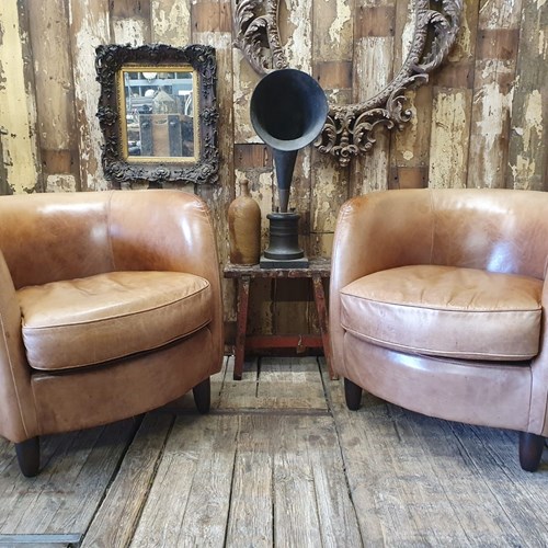 Pair Of Aviator Leather Tub Chairs