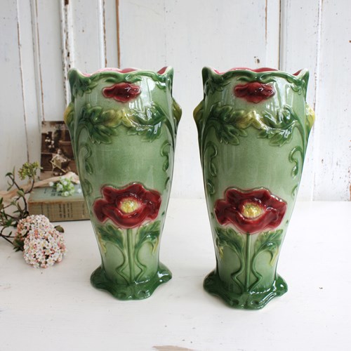 Pair Of Tall French Antique Majolica Vases By St Amand