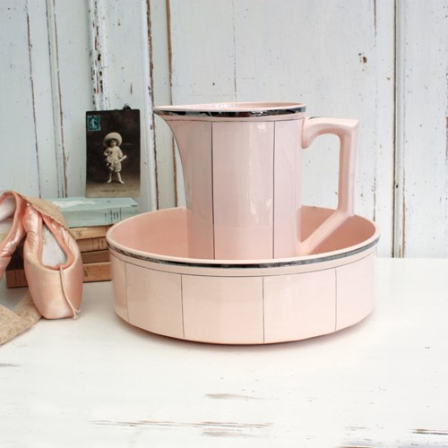 French Pink Ceramic Art Deco Wash Jug And Bowl Set