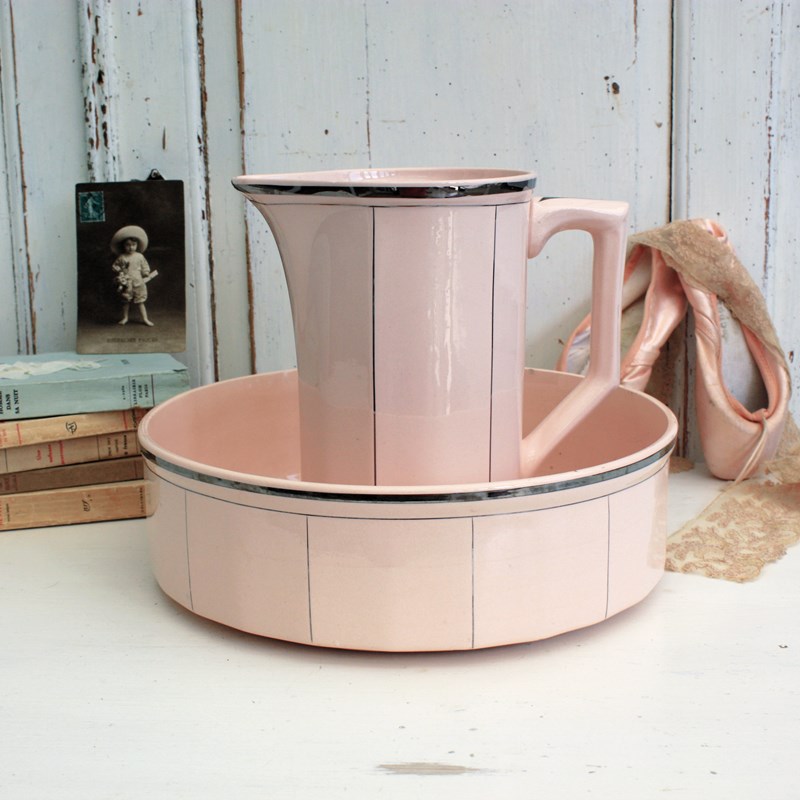 French Pink Ceramic Art Deco Wash Jug And Bowl Set-restored-2-b-loved-img-2275-main-638289106760956802.JPG