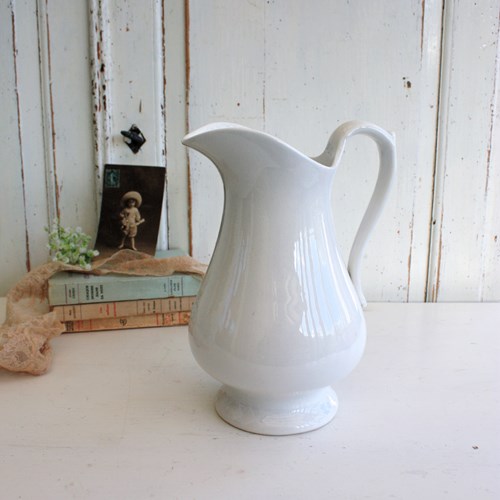 Tall White Antique Ironstone Jug Or Pitcher By Boch Frerers