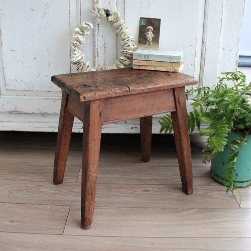 French Antique Wooden Rustic Farmhouse Stool