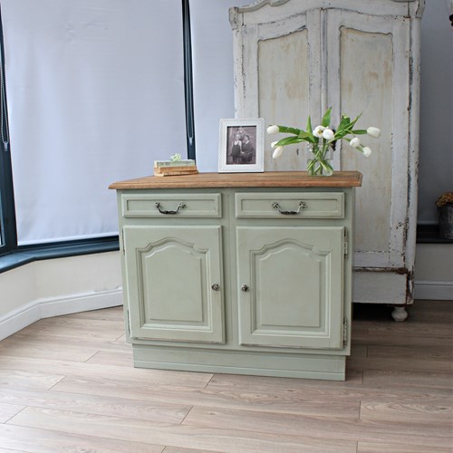 French Vintage Cupboard With Two Drawers Over Two Door, Painted Muted Green 