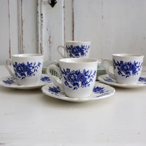 Four French Vintage Blue And White Coffee Cups And Saucers By Sarreguemines