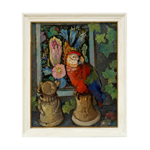 Vintage Oil Painting 'Still Life With Parrot & Flowers'