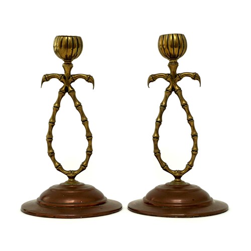 Townsend & Co Aesthetic Movement Brass And Copper Bamboo Candlesticks