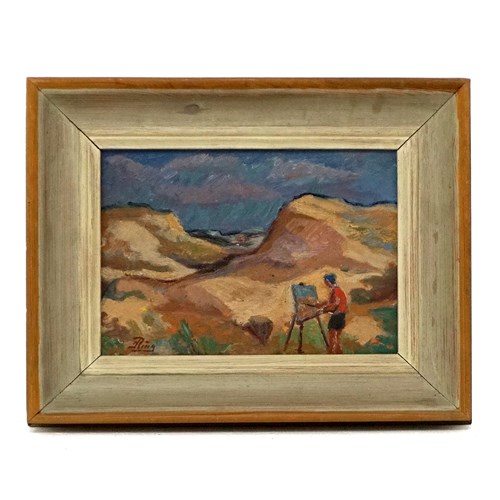 1940S Danish Coastal Landscape Painting 'Artist At The Easel' Signed & D