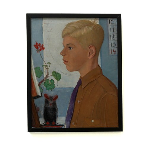 Mid Century Portrait Painting 'Boy & Red Geranium'