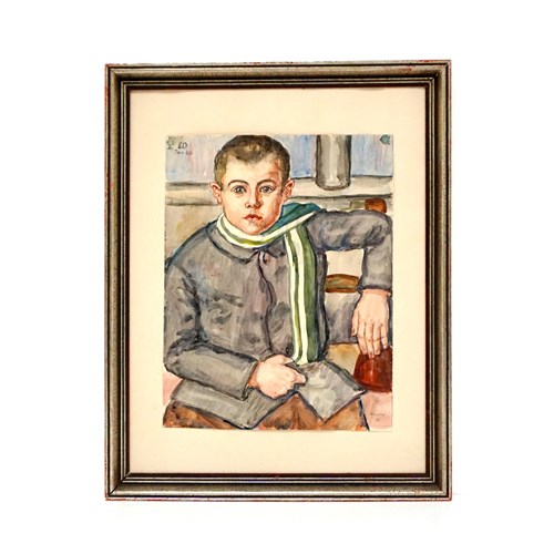 1920S Portrait Painting 'Boy In Striped Scarf' 