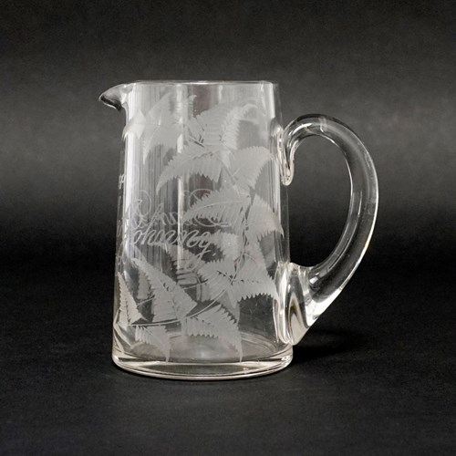 Victorian Fern Etched Glass Whiskey Water Jug Inscribed 1886