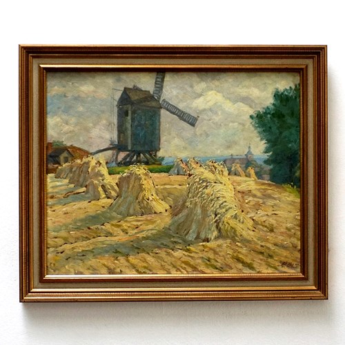 Vintage Landscape Painting 'Rural Scene With Haystacks & Windmill'
