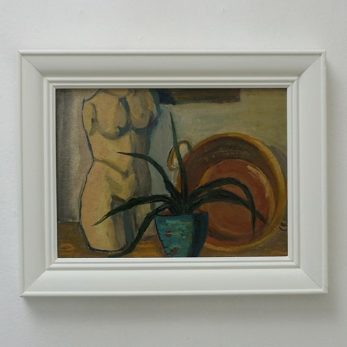 Mid Century Oil Painting 'Still Life With Sculpture & Pot Plant'