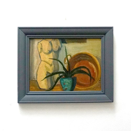 Mid 20Th Century Oil Painting 'Still Life With Sculpture & Pot Plant'