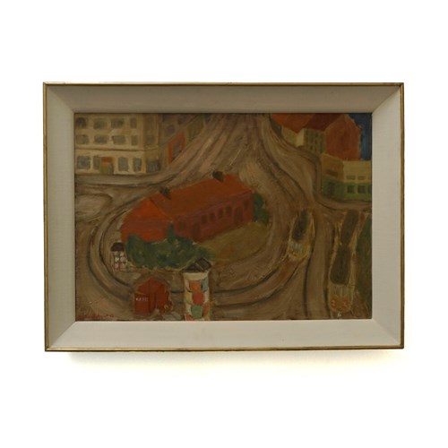 Vintage Painting 'City Tramway' 1940S Signed & Dated Oil On Canvas