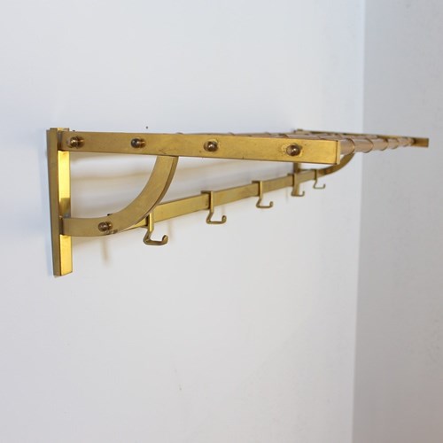 Large Vintage Brass And Bamboo Wallmounted Coat Rack