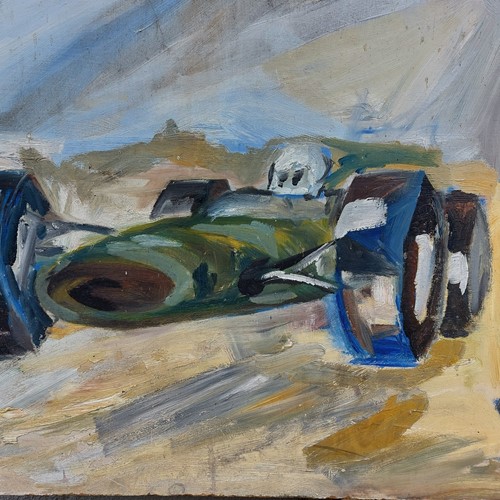 Oil on board painting of british motor racing