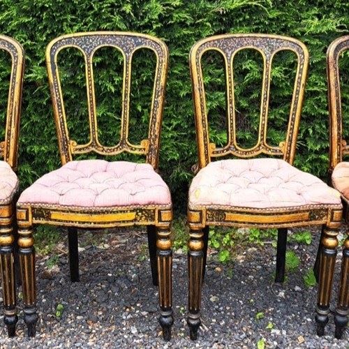 Rare Set Of Four French Napoleon III Ebonised And Gilded Mother Of Pearl Chairs