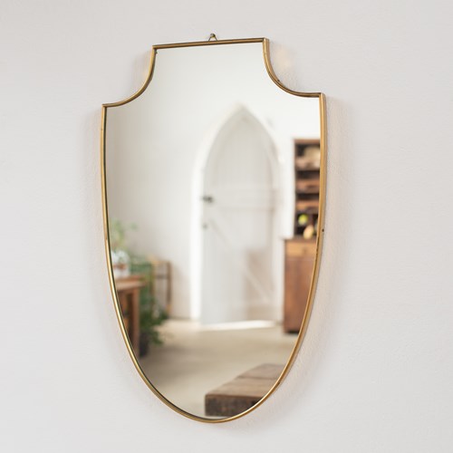 1950'S Italian Brass Shield Framed Mirror In The Manner Of Gio Ponti