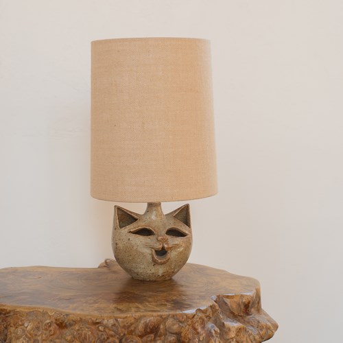 1960'S Studio Art Pottery Cat Lamp With Hessian Shade