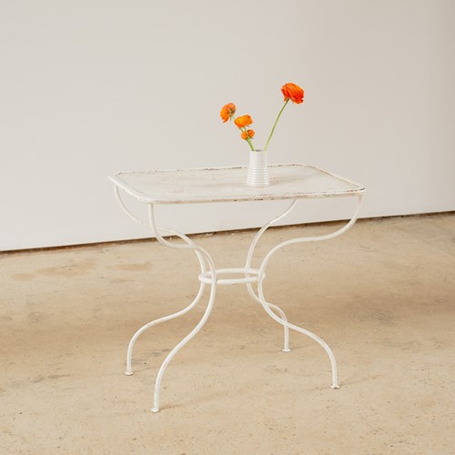 French Solid Wrought Iron Garden Table With Pierced Metal Top C1950