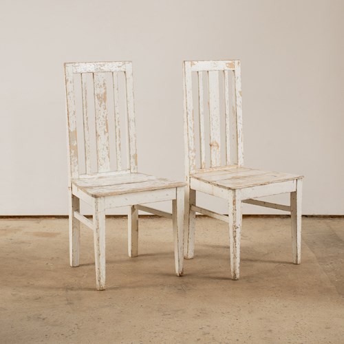 A Pair Of Rustic Chairs With Original White Paint C1910