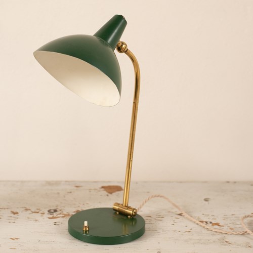 1950'S Italian Brass And Green Metal Table Lamp