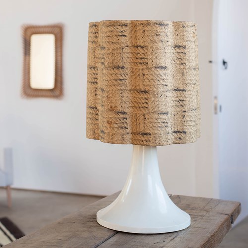 Mid Century White Metal Table Lamp With Scalloped Paper Shade