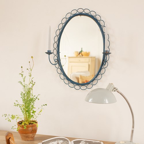 1930'S Italian Blue  Painted Metal Mirror With Candle Sconces