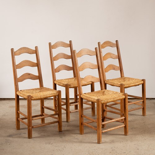 Set Of 4 Mid Century French Oak And Rush Chairs