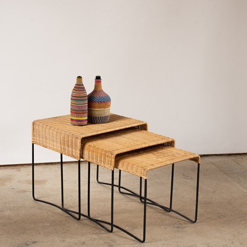 Set Of Three Rattan And Metal Tables,  France C1950