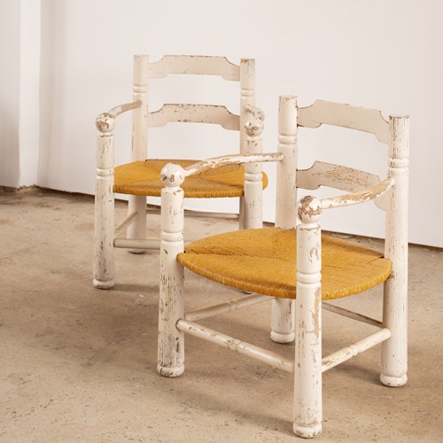 Pair Of Oak Armchairs With Historical White Paint By Charles Dudouyt C1940