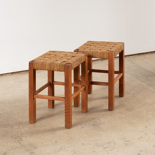 Pair Of Pine Stools With Woven Sisal Cord Seats, C1960