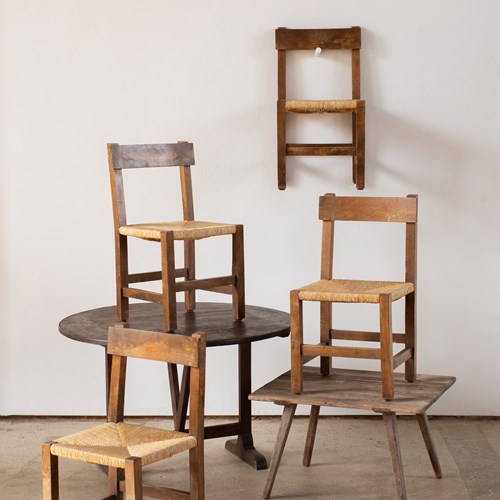 Set Of 4 Spanish Pine And Rush Chairs, C1950/60