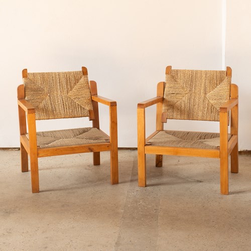 Pair Of Mid Century Wood And Seagrass Cord Armchairs