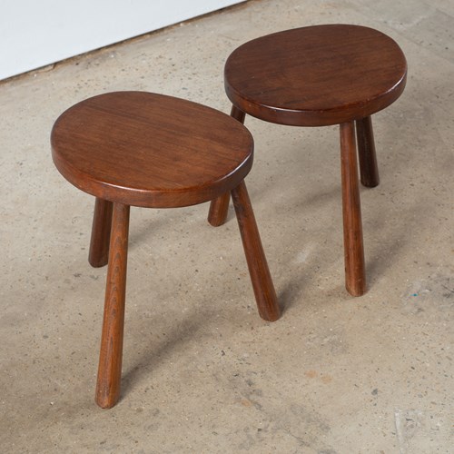 Pair Of Brutalist Stick-Leg Wooden Stools, France C1960