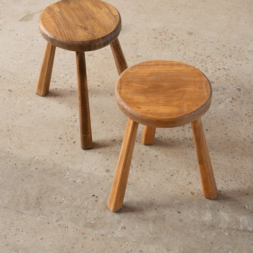 Pair Of Brutalist Stick-Leg Wooden Stools From France, C1960