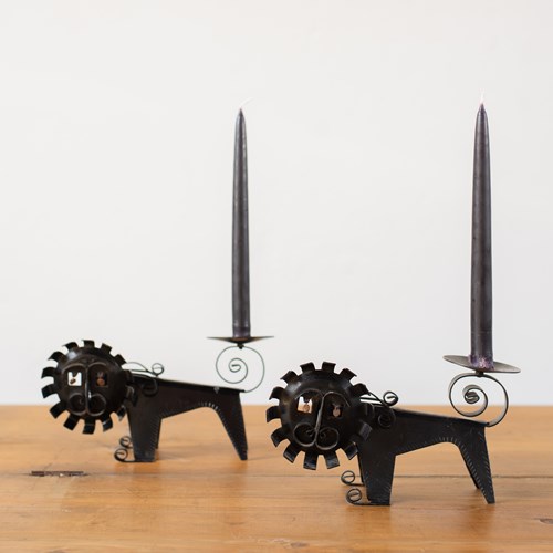 Characterful Black Metal Lion Candle Holder 